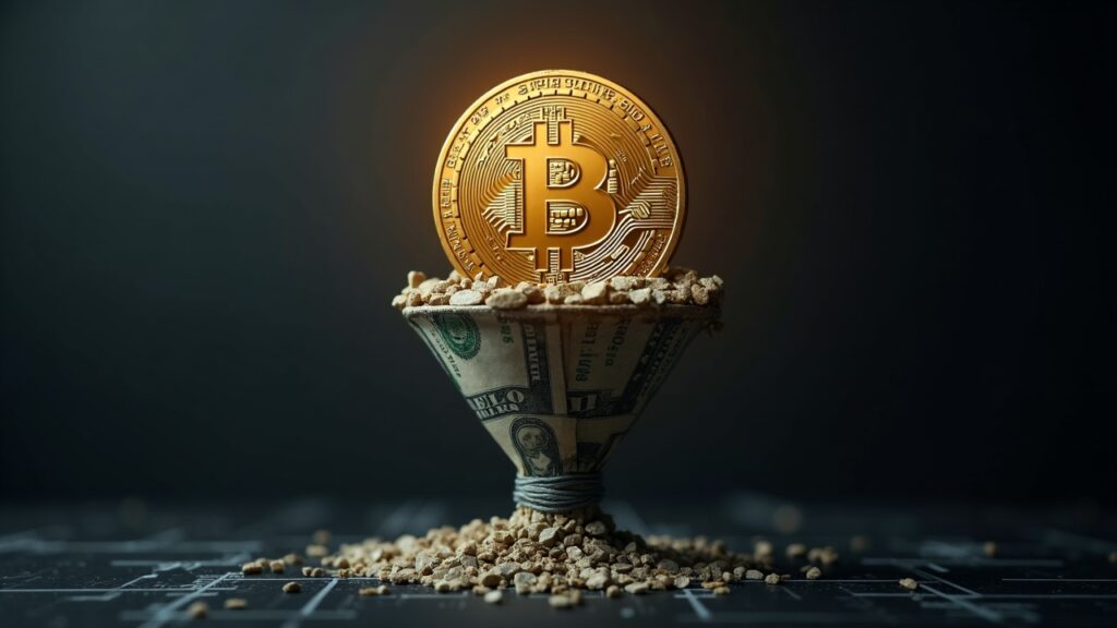 Arthur Hayes vincula caída de Bitcoin a drenaje de 300.000 millones en liquidez Símbolo de Bitcoin fotorrealista con un drenaje de liquidez en dólares a través de un embudo, sobre una tenue cuadrícula de cadena de bloques y un gráfico de precios.