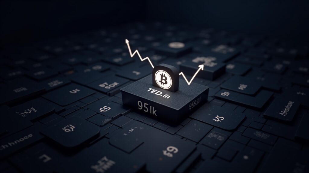 Bitcoin fotorrealista en el centro con flujos de dinero digital hacia cajas de ETF de BTC y un gráfico ascendente hacia 95k en la sala de redacción fintech.