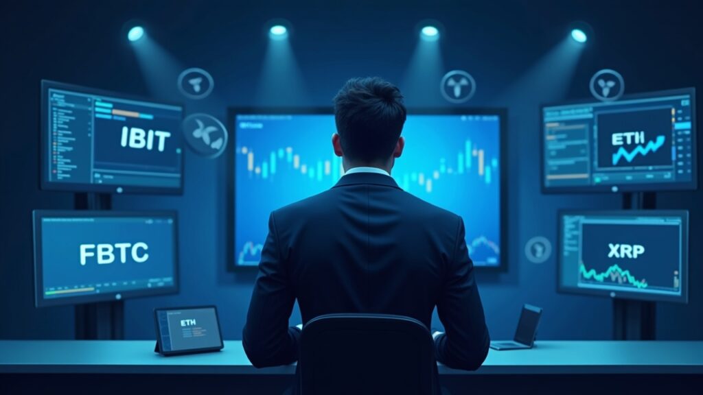 Los ETFs de Bitcoin captan 843 millones de dólares en una jornada récord para el mercado Escena de redacción con un analista financiero en el centro; pantallas muestran ETFs de Bitcoin IBIT y FBTC con íconos de ETH, SOL, XRP.