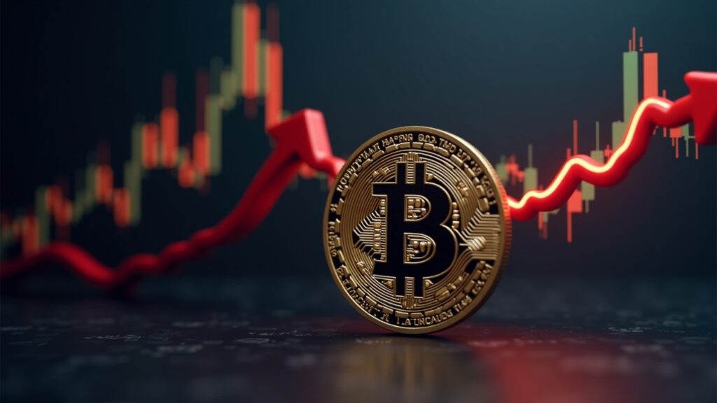 Símbolo de Bitcoin fotorrealista sobre un gráfico de precios en caída con una flecha roja, señalando aversión al riesgo y riesgo de liquidez.