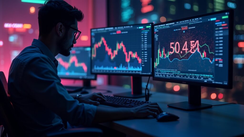 Sala de prensa fotorrealista con un trader, BTC 0.00 en pantalla, código de Starknet con fallos y un arco de reversión.