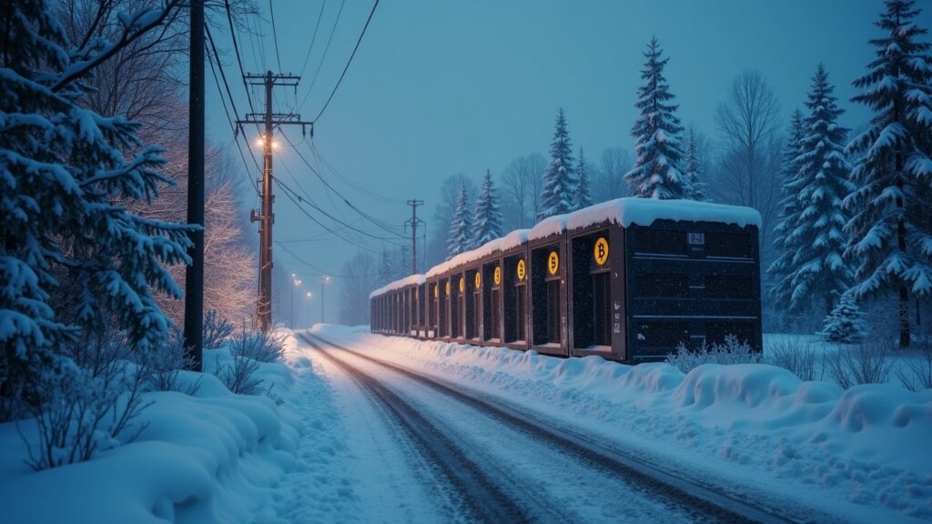 Imagen hiperrealista de una instalación minera de Bitcoin durante una tormenta invernal en EE. UU., con un gráfico superpuesto de la fluctuación de la tasa de hash.