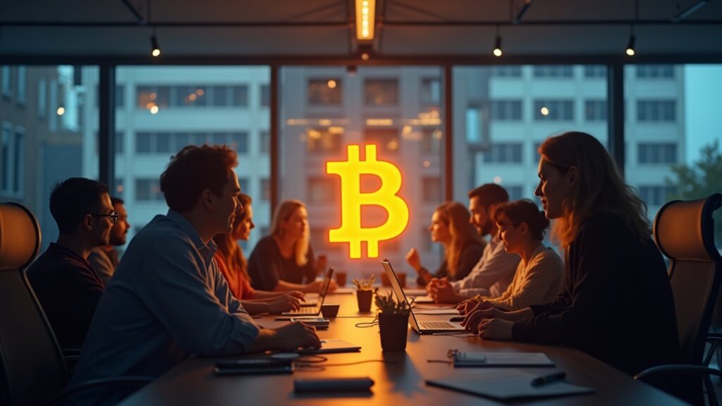 Símbolo de Bitcoin fotorrealista en el centro, rodeado por un equipo diverso en una sala de redacción moderna planificando producto, operaciones y liderazgo.