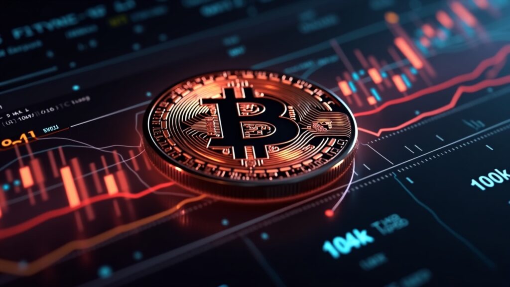 Bitcoin busca los 100.000 dólares impulsado por un mapa de liquidaciones muy asimétrico Primer plano fotorrealista de Bitcoin con un HUD futurista que muestra liquidaciones largas vs cortas y niveles de 84k/104k.