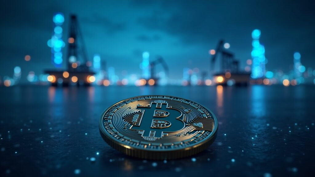 Sala de redacción fotorrealista con Bitcoin en el centro, plataformas petroleras distantes desvaneciéndose bajo iluminación azul