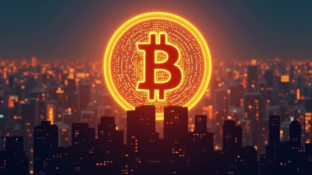 El precio de Bitcoin resiste sobre los 90.000 dólares impulsado por nuevas inversiones de capital Bitcoin fotorrealista elevándose sobre un horizonte urbano con siluetas institucionales y un resplandor alcista, señalando el regreso por encima de 90k.