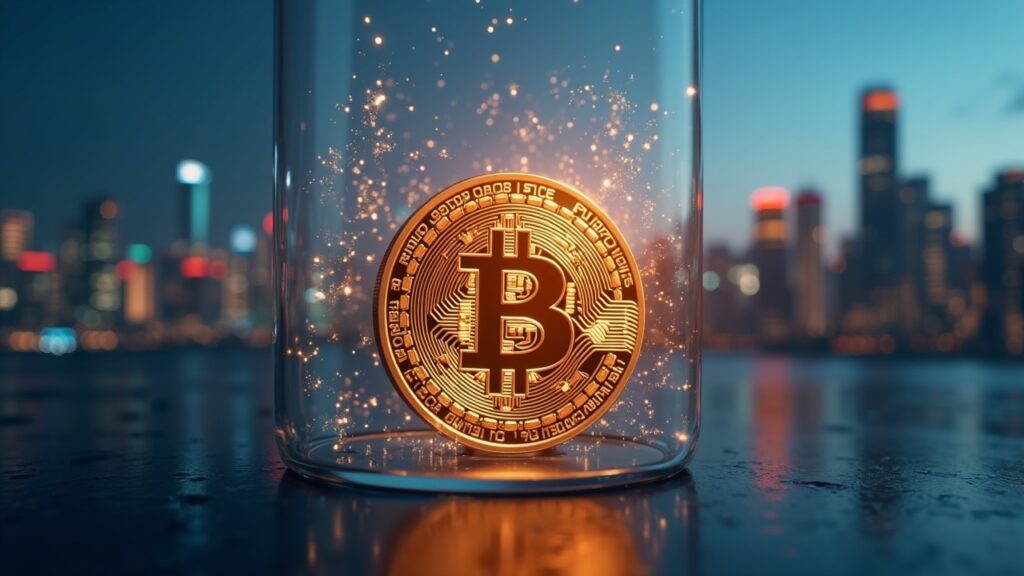 Moneda Bitcoin rompiendo un techo de cristal, con un gráfico de precios luminoso y el skyline de una ciudad asiática.