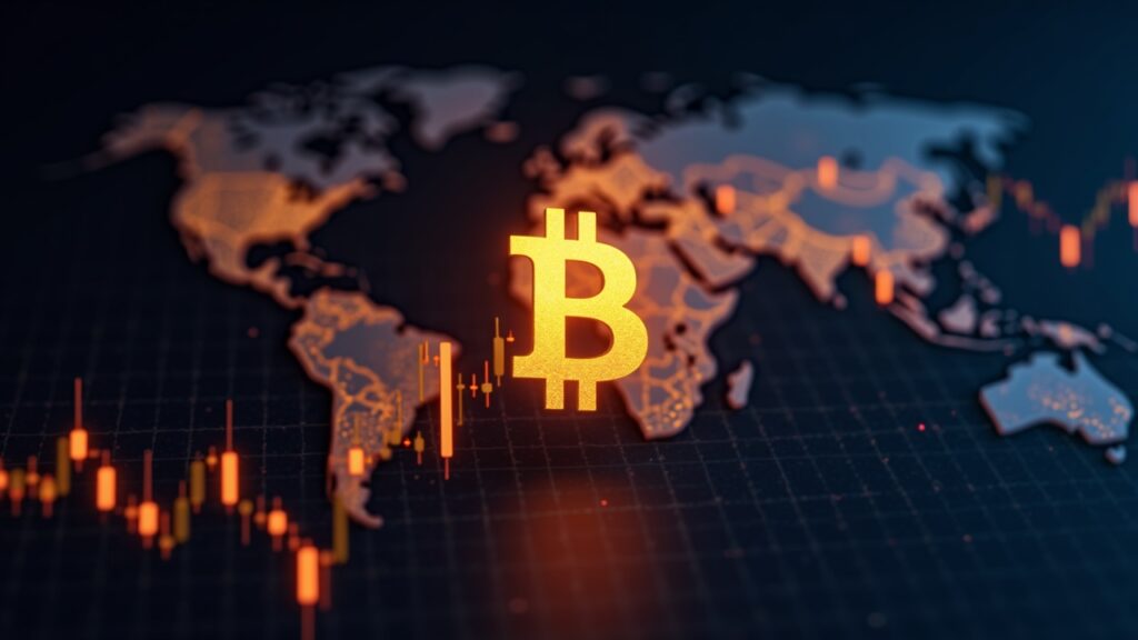 Logo de Bitcoin elevándose sobre una cuadrícula de mercado brillante con cifras de liquidación y un mapa mundial, estilo sala de redacción.