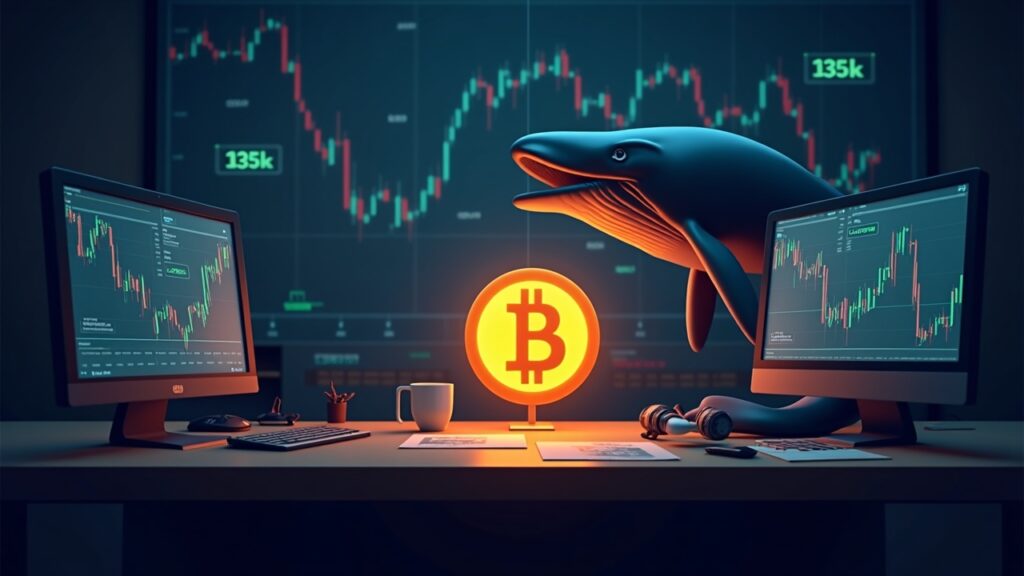 Logotipo de Bitcoin en un escritorio de trading con una ballena recortando posiciones largas, y pantallas que señalan un camino hacia 135k en medio de entradas de ETF