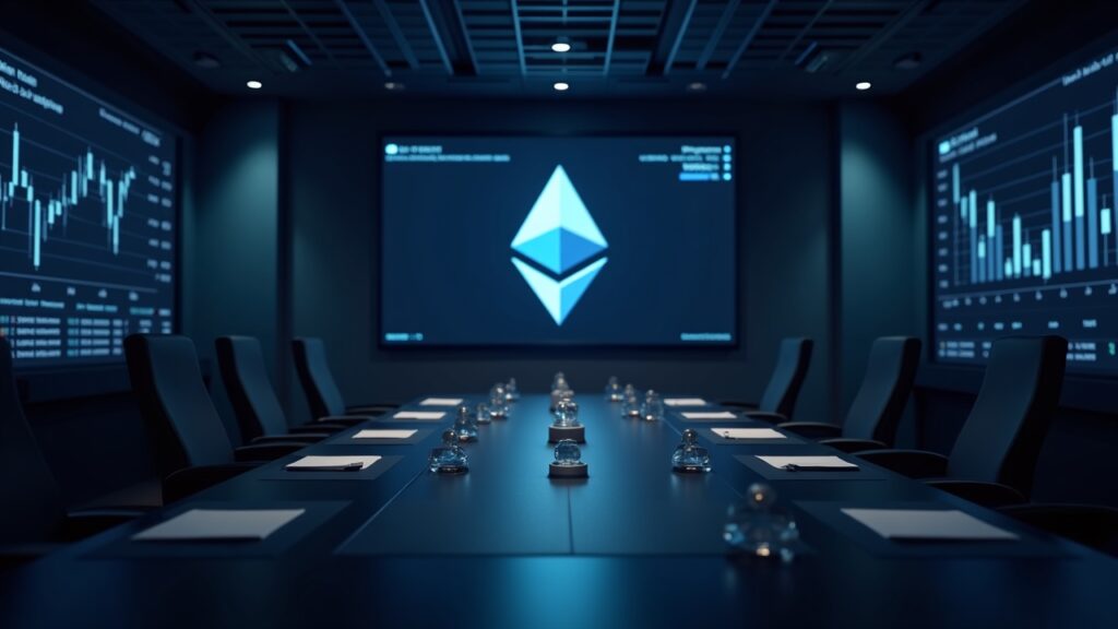 Encabezado de sala de prensa fotorrealista: sala de juntas de BitMine con el logotipo de Ethereum en la pantalla, una papeleta de accionista y gráficos bursátiles.