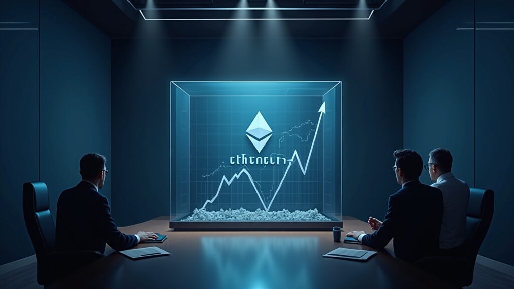 BitMine añade 24,000 ETH pero encuentra obstáculos en su estrategia Escena de sala de juntas con ejecutivos de BitMine alrededor de una bóveda de vidrio de Ethereum, logotipo de ETH, gráfico ascendente, discutiendo una votación de accionistas