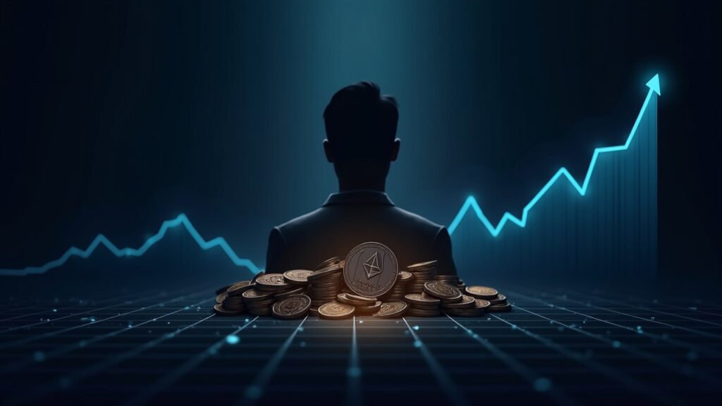 Cabecera fotorrealista con la silueta de un ejecutivo de BitMine, monedas ETH, un gráfico ascendente, imágenes de una bóveda y una cuadrícula de tesorería.