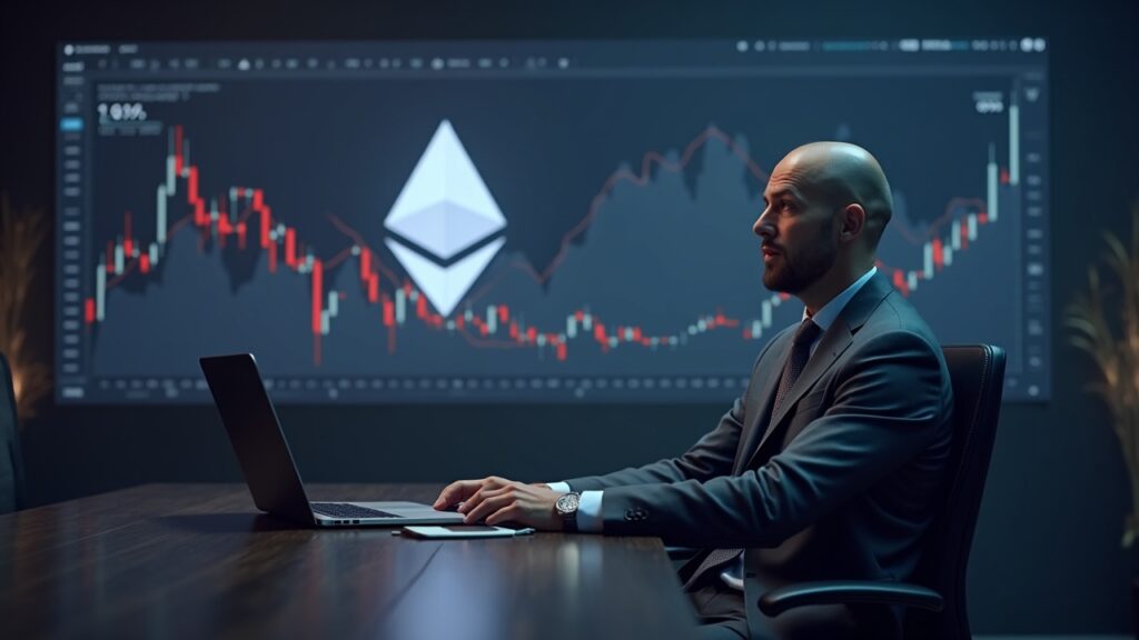 Redacción fotorrealista con el logo de Ethereum, gráficas en alza y un ejecutivo señalando la compra de ETH y el staking de BitMine.