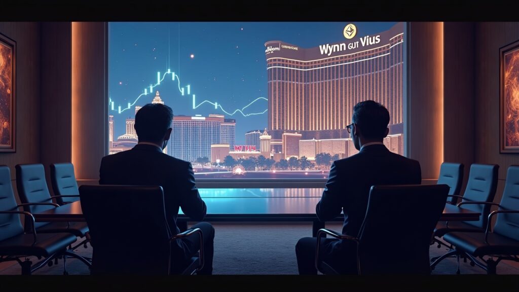 Sala de juntas del Wynn Las Vegas fotorrealista: siluetas en mesa de cristal, visuales de tesorería de ETH, gráficos ascendentes, marca de Bitmine.