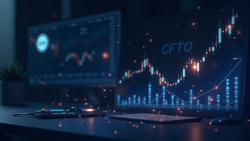 Mesa de operaciones fotorrealista con logos de criptomonedas y gráficos ascendentes, con una insignia sutil de la CFTC que indica la autorización regulatoria para mercados de predicción