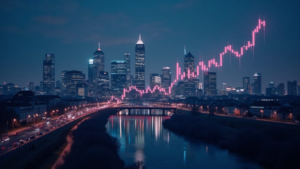 Horizonte de Frankfurt con un centro de intercambio de criptomonedas, gráfico de crecimiento superpuesto y marca de Bitpanda que señala una OPV importante
