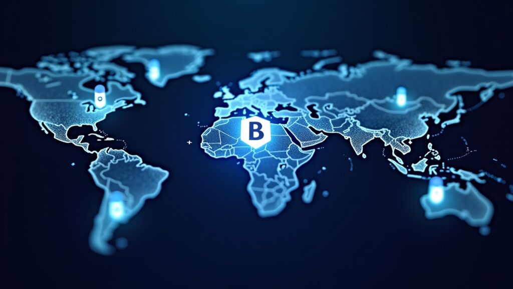 Centro de fintech global con logo de Bitpanda vinculado a infraestructura regulada en UE, MENA y Reino Unido, cuadrícula de Vision Protocol