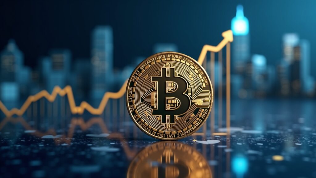 Moneda Bitcoin fotorrealista con curva de rendimiento, iconos de pagos de opciones y un moderno horizonte financiero.