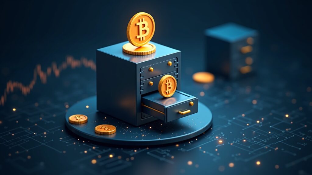 BlackRock acumula 1.027 millones de dólares en Bitcoin y Ethereum en tres días Monedas de BTC y ETH fotorrealistas orbitan una figura institucional sobre bóvedas de custodia, con un ícono de ETF ascendente en el fondo.