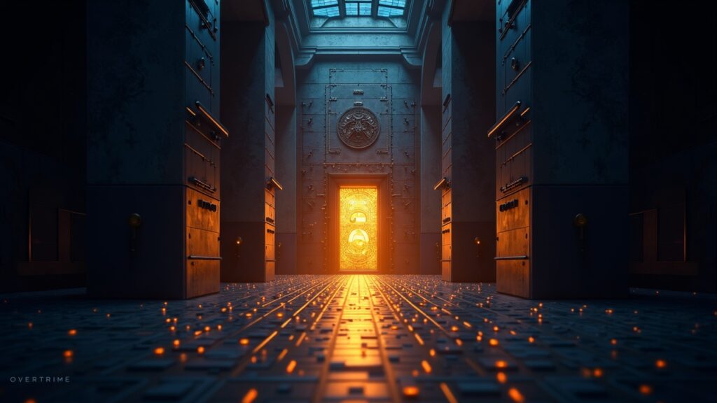 Bóveda fotorrealista que muestra BTC y ETH moviéndose a través de un corredor de blockchain luminoso hacia la custodia de Coinbase Prime.