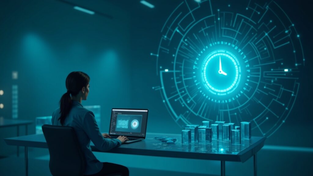 Retrato fotorrealista de un validador en un centro de blockchain brillante con bloques en movimiento rápido y un reloj de 1 segundo