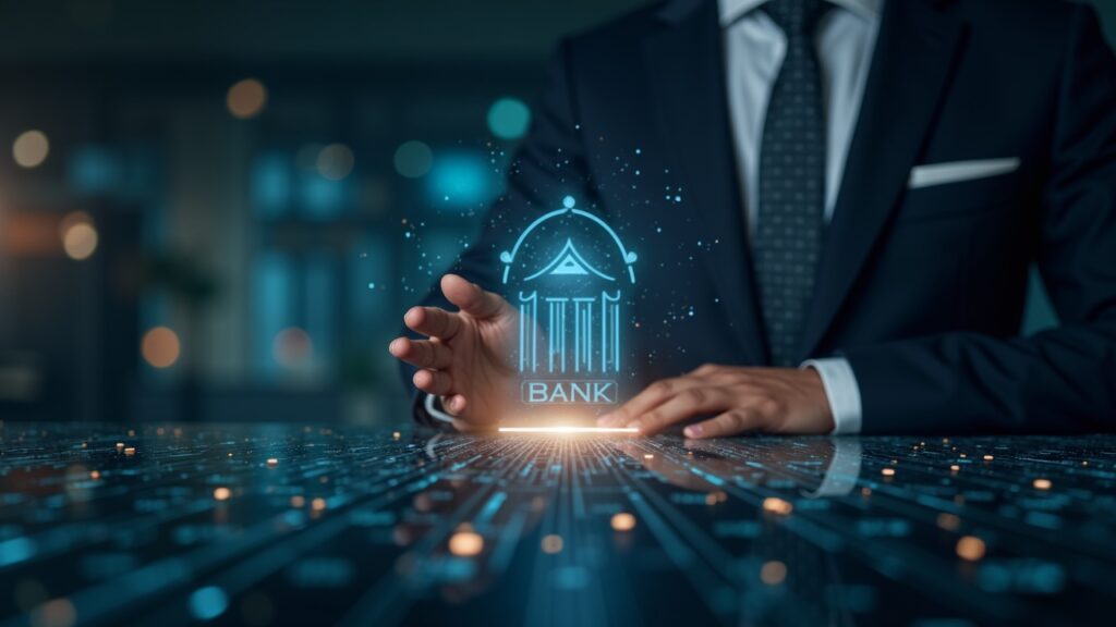 BNY Mellon lanza depósitos tokenizados como parte de su expansión de activos digitales Ejecutivo bancario fotorrealista interactuando con un libro de contabilidad en cadena brillante de dinero fiduciario tokenizado, con un telón de fondo de infraestructura fintech.