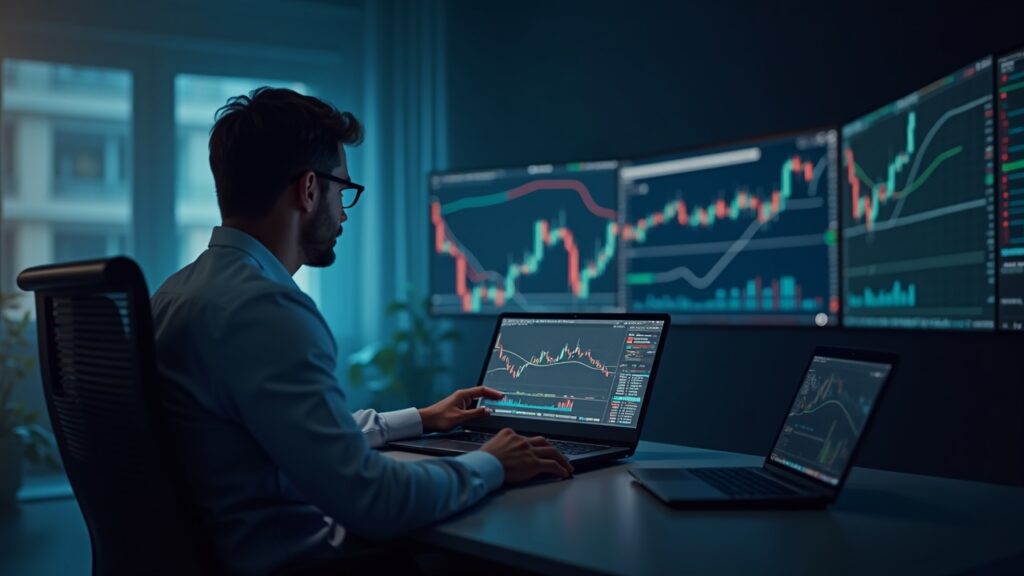 Trader profesional en una sala de trading elegante con bandas de strike holográficas de BTC y ETH y flechas de cobertura delta.