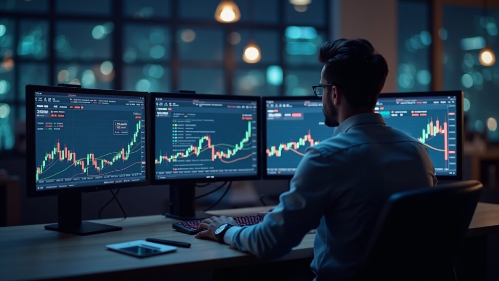 Operador fotorrealista en un escritorio elegante revisando gráficos de BTC y ETH con líneas de strike y una cuenta regresiva para el vencimiento.