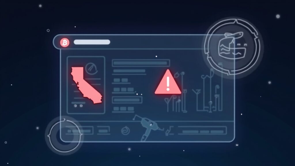 Tablero fotorrealista de préstamos cripto con una insignia de alerta roja, un mapa de California y un sello regulatorio.