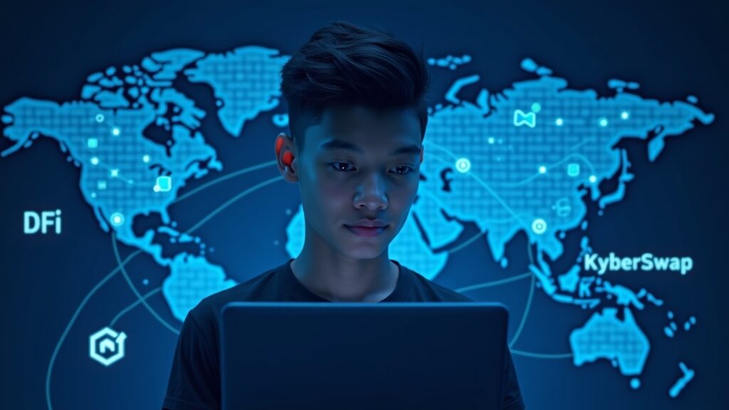 Joven programador canadiense en el centro con estelas de tokens DeFi en neón alrededor de los logotipos de Indexed Finance y KyberSwap sobre un mapa mundial.