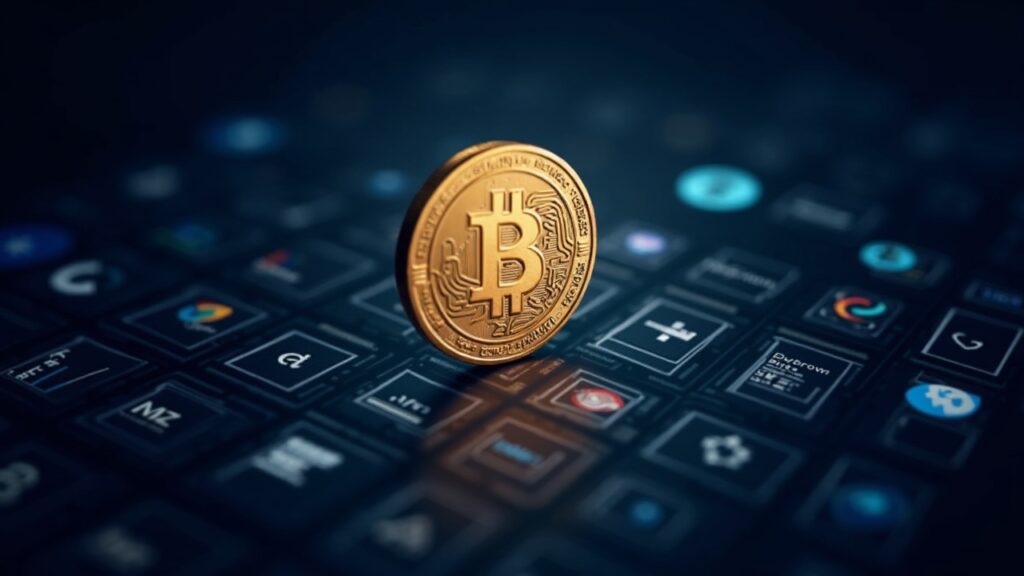 Token CC de Canton en negrita en el centro con logotipos institucionales y una cuadrícula de libro mayor digital, motivo DTCC.