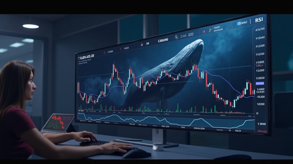 Cardano (ADA) se acerca a una ruptura del 90% Gráfico de precios de Cardano ADA en la sala de redacción cripto con una cuña descendente, divergencia de RSI y acumulación de ballenas que señalan una ruptura.