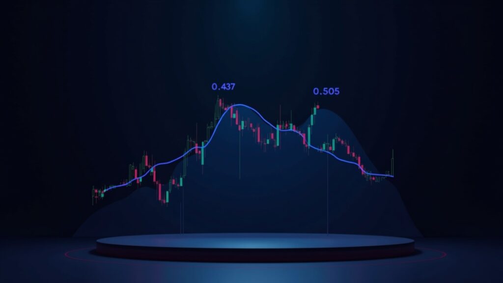 Gráfico de precios de Cardano con cuña descendente y resistencia en 0,437 y 0,505, con visuales de análisis en cadena