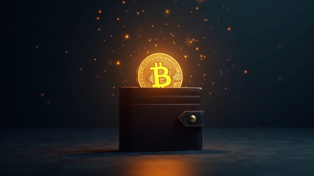 Escena fotorrealista de una cartera de Bitcoin dormida despertando, con un token BTC resplandeciente elevándose desde una billetera de hardware en una sala de redacción moderna.