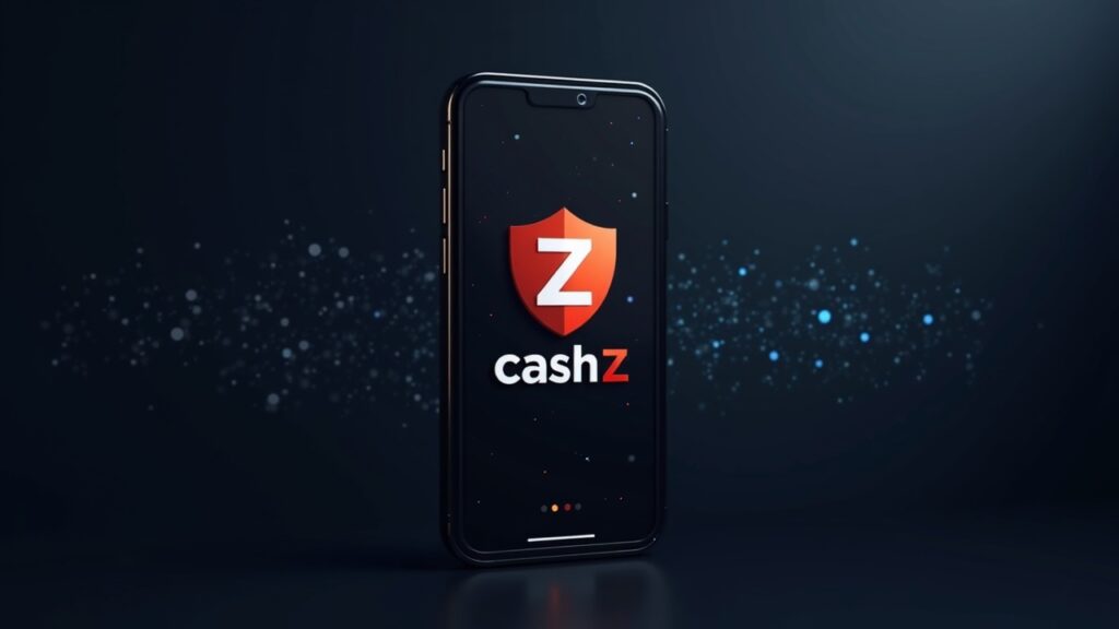 Encabezado fotorrealista: smartphone mostrando la interfaz de usuario de la billetera cashZ con un logo inspirado en Zcash y un escudo sobre un fondo sutil de blockchain.