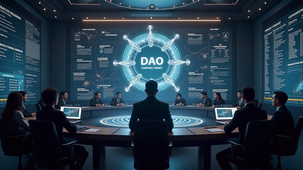 Figura central en un centro de mando futurista de DAO con jurados, escudos ZK y resúmenes de IA frente a un telón de fondo de cadena de bloques.