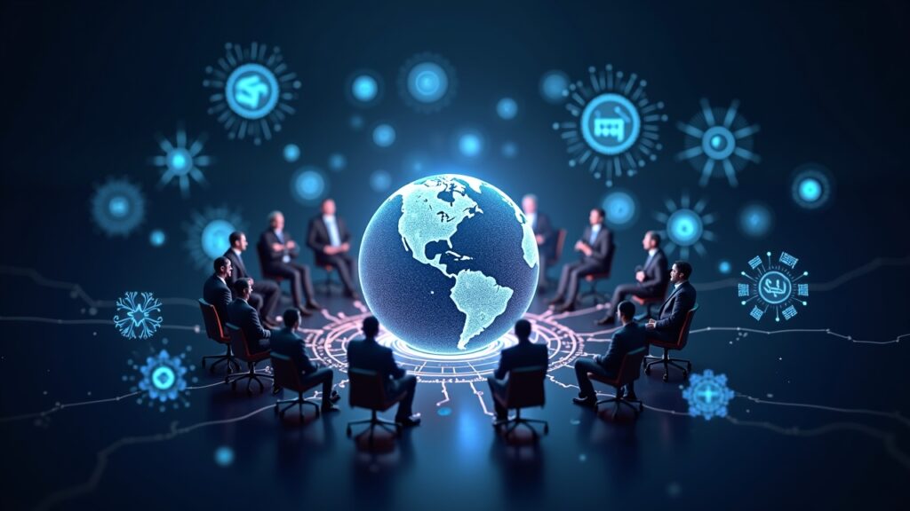 Ejecutivos diversos alrededor de un globo-circuito brillante con nodos de blockchain y símbolos de IA.