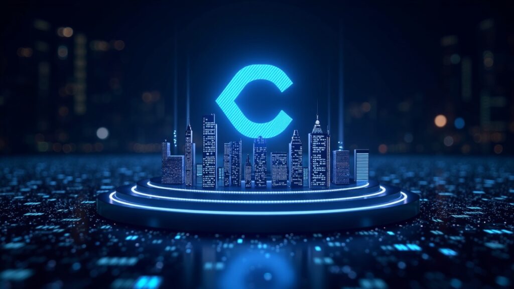 Chainlink amplía flujos de datos para cubrir el mercado bursátil estadounidense Logotipo fotorrealista de Chainlink en el centro con flujos de datos luminosos, tickers de acciones, nodos DON y un paisaje urbano blockchain.