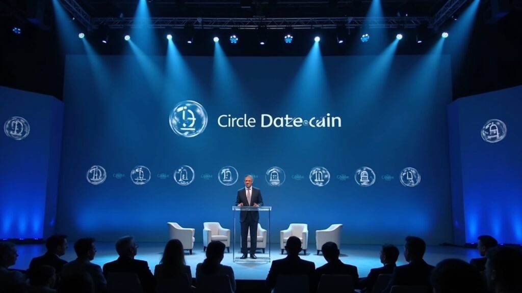 Escenario fotorrealista en Davos con el CEO de Circle en el atril, iconos digitales de monedas estables y elementos visuales de bancos.