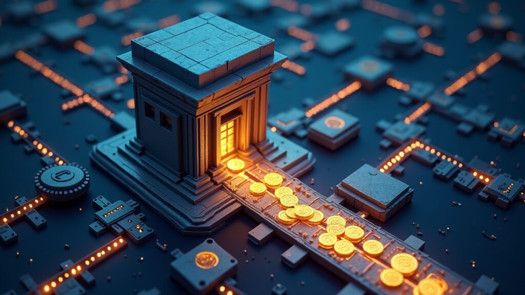 Torre bancaria moderna vinculada a una bóveda de custodia cripto futurista, con tokens brillantes fluyendo desde las vías fiat hacia billeteras on-chain