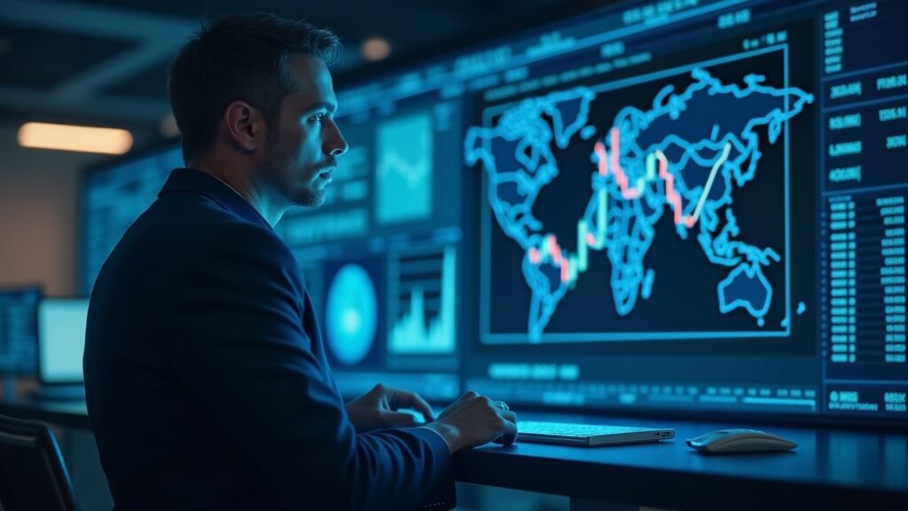 Trader fotorrealista observando paneles holográficos de derivados de criptomonedas y futuros de tasas con marca de CME.