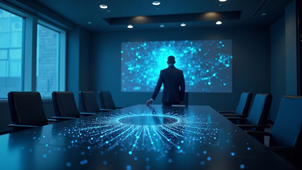 Coinbase forma un consejo asesor para evaluar los riesgos de la computación cuántica blockchain Imagen fotorrealista de un experto en criptografía en una elegante sala de juntas con una computadora cuántica y una superposición luminosa de una red de cadena de bloques.