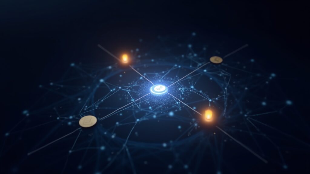 Encabezado fotorrealista de redacción con un logotipo central de Coinbase, una red Base L2 luminosa y stablecoins orbitando.