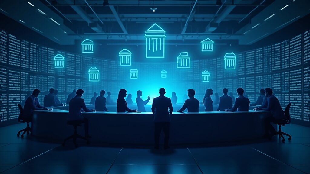 Centro fotorrealista de intercambio de criptomonedas con mesa de operaciones central y siluetas de bancos, señalando desregulación y liquidez.