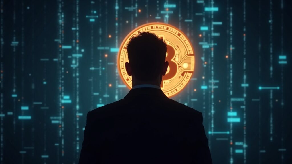 Silueta de un ejecutivo corporativo con un emblema de Bitcoin resplandeciente y un fondo translúcido de cadena de bloques.