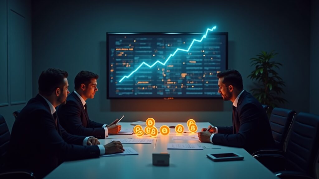 Escena en sala de juntas: ejecutivos revisan un libro mayor digital de Bitcoin con crecientes tenencias de BTC en una pantalla mural.