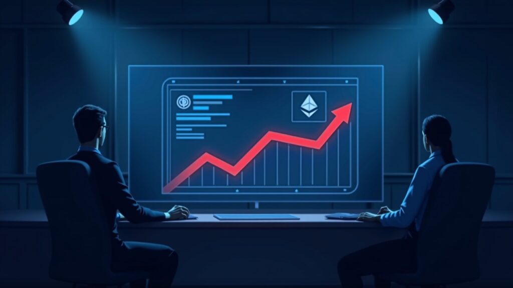 Escena de redacción en tonos azules con panel de Bitcoin y Ethereum, aumento de entradas institucionales seguido por una flecha roja que indica salidas del viernes.