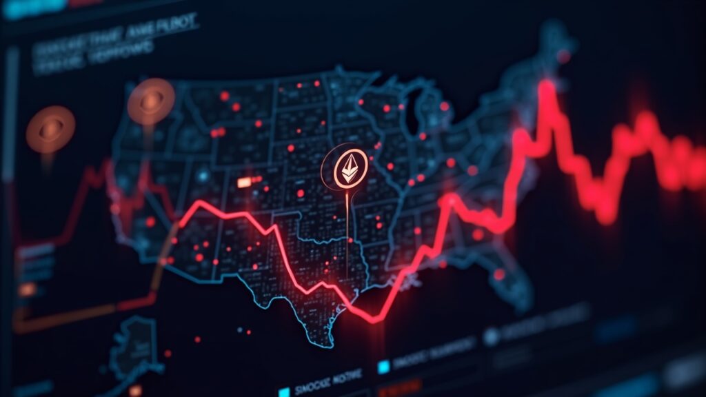 Los fondos cripto registran salidas de 1.700 millones tras caída de Bitcoin y Ether Encabezado fotorrealista con iconos de Bitcoin y Ethereum desvaneciéndose sobre un panel digital, flechas rojas de salida y un mapa de EE. UU.