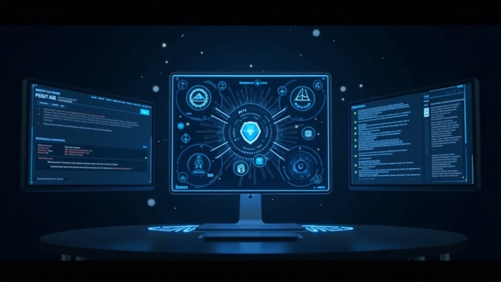 Centro de mando intercadena con pantallas holográficas que muestran BNB Chain, Ethereum y Solana para una ejecución DeFi rápida y discreta.