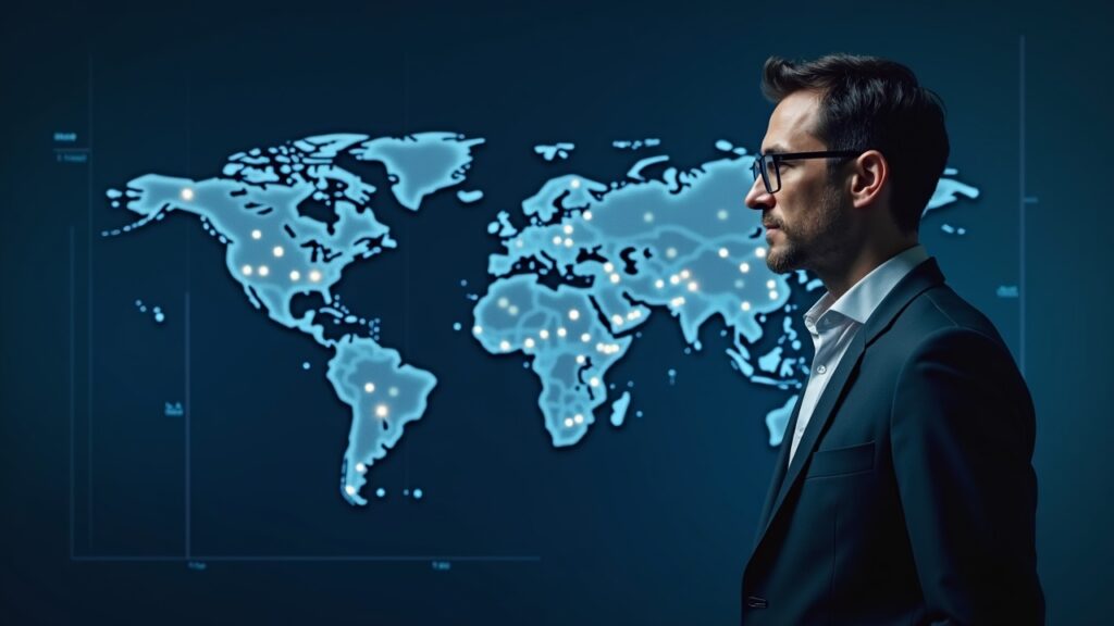 Escena fotorrealista de un ejecutivo confiado junto a un mapa holográfico de la UE conectado por nodos blockchain, ilustrando la infraestructura compatible con MiCA.